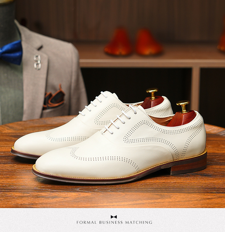Britiske brogues udskårne herresko i ægte læder, hvide bryllupsbrudepigesko, bryllupsbrudgomssko, herresko i læder, afslappet business-stil_voghion.com