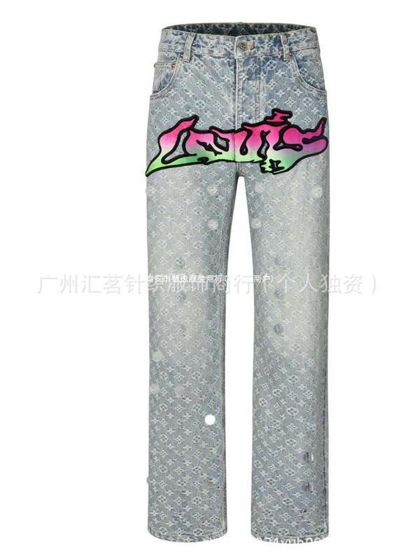 Cross-border high-quality V-brand classic flame velvet embroidered jacquard denim pants Cross-border high-quality V-brand classic flame velvet embroidered jacquard denim pants