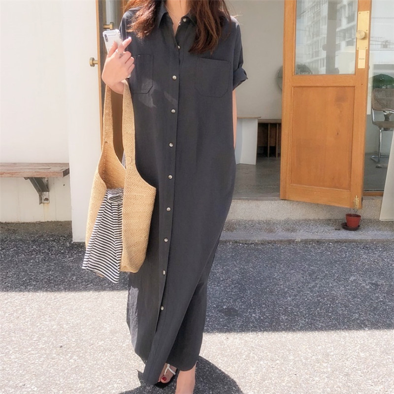 Foreign Trade Women's Clothing 2025 New Short-Sleeved Long Dress Loose Lazy Style Over-The-Knee Shirt Dress for Women
