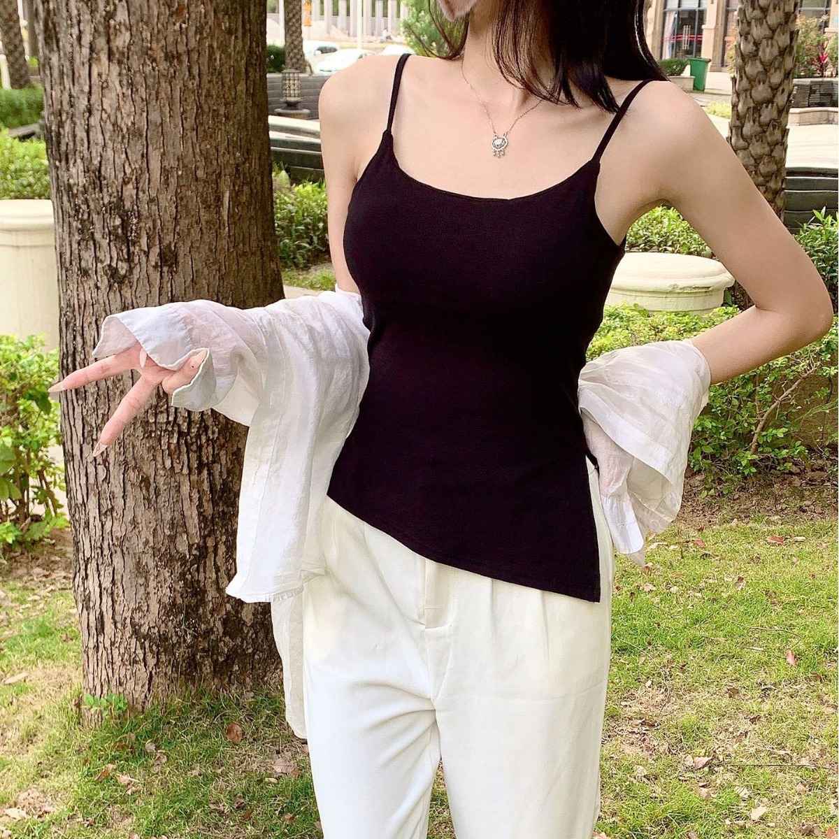 Japonés retro Hong Kong estilo puro algodón de una sola pieza irregular oblicua split camisola cómodo color sólido interior superior para las mujeres