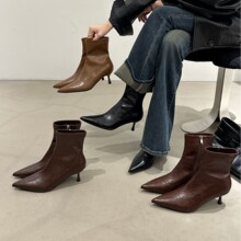 牛皮版~尖头短靴女2025新款女靴细跟靴子瘦瘦靴小众高跟鞋马丁靴