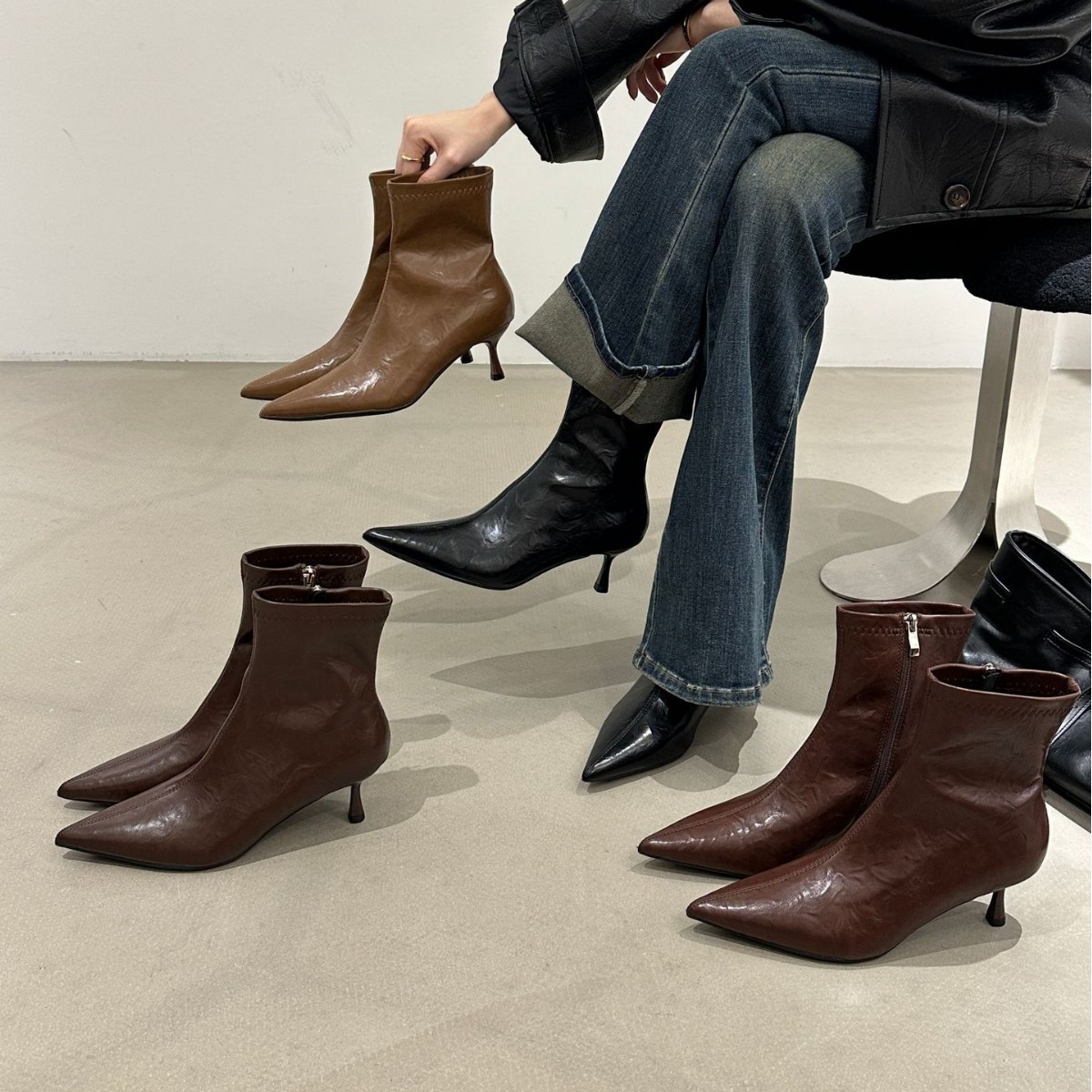 牛皮版~尖头短靴女2025新款女靴细跟靴子瘦瘦靴小众高跟鞋马丁靴