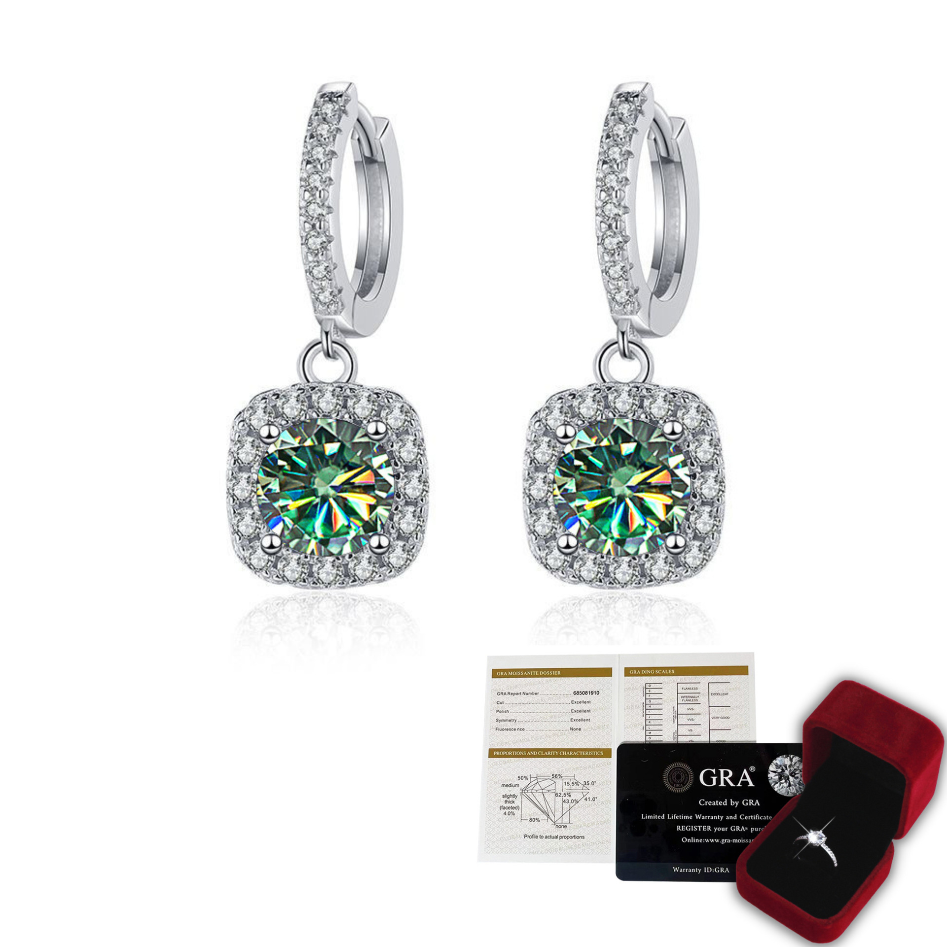 블루 그린 모이사나이트 사각 귀걸이 (선물박스 증명서)