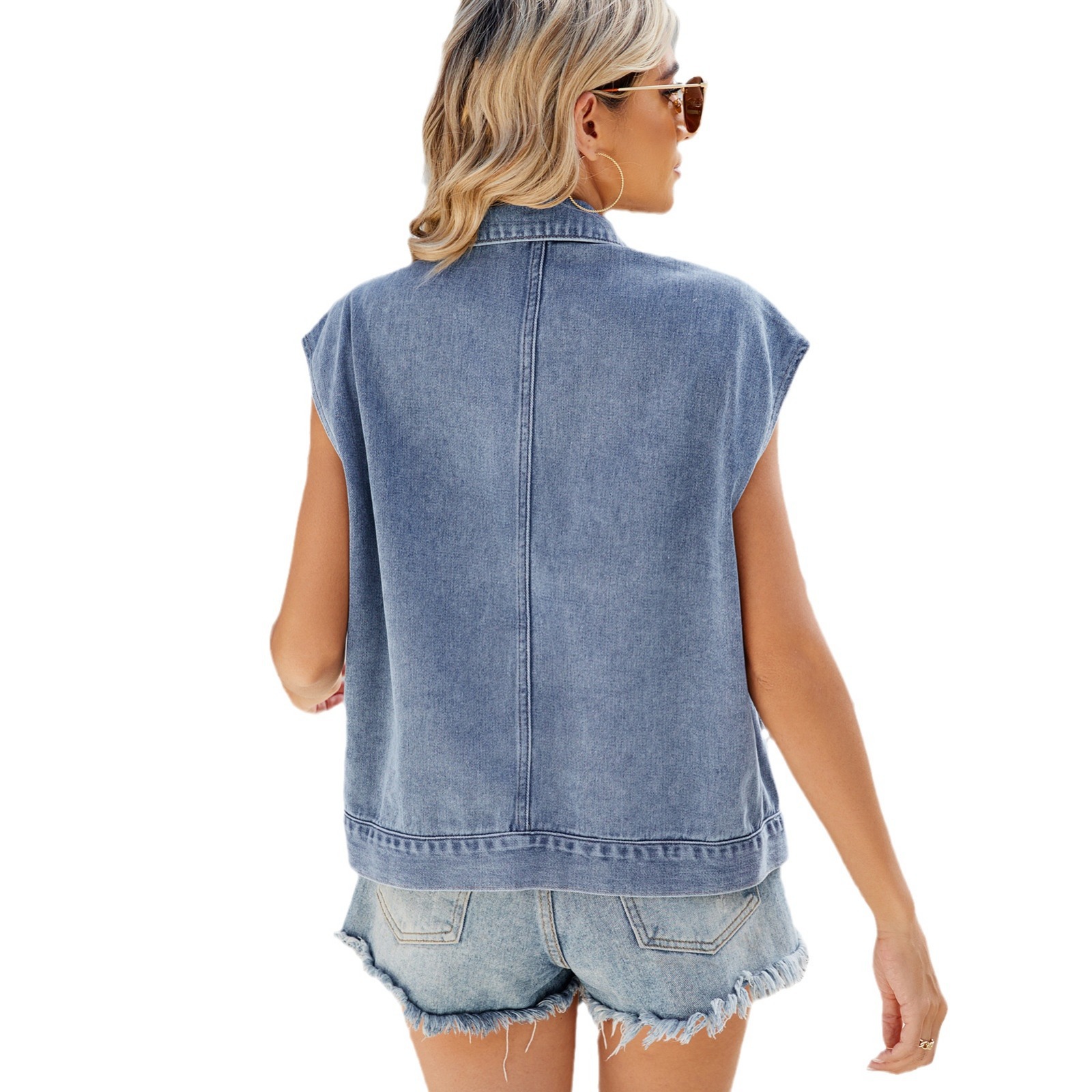 Damkläder sommar ny stil tvättad en rad jeansväst väst trend_voghion.com
