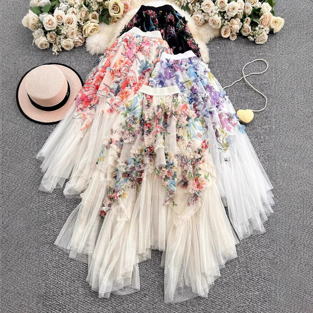 Юбка-пачка с цветочным принтом, новый дизайн 2025 года, женская, высокая талия, стройнящая, асимметричная, из сетки, фееричная