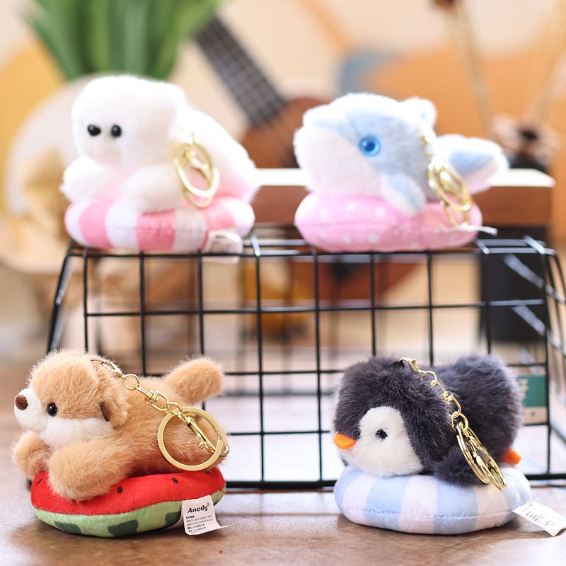 可爱海洋动物游泳圈企鹅挂件毛绒玩具公仔海豚包包挂饰钥匙扣娃娃