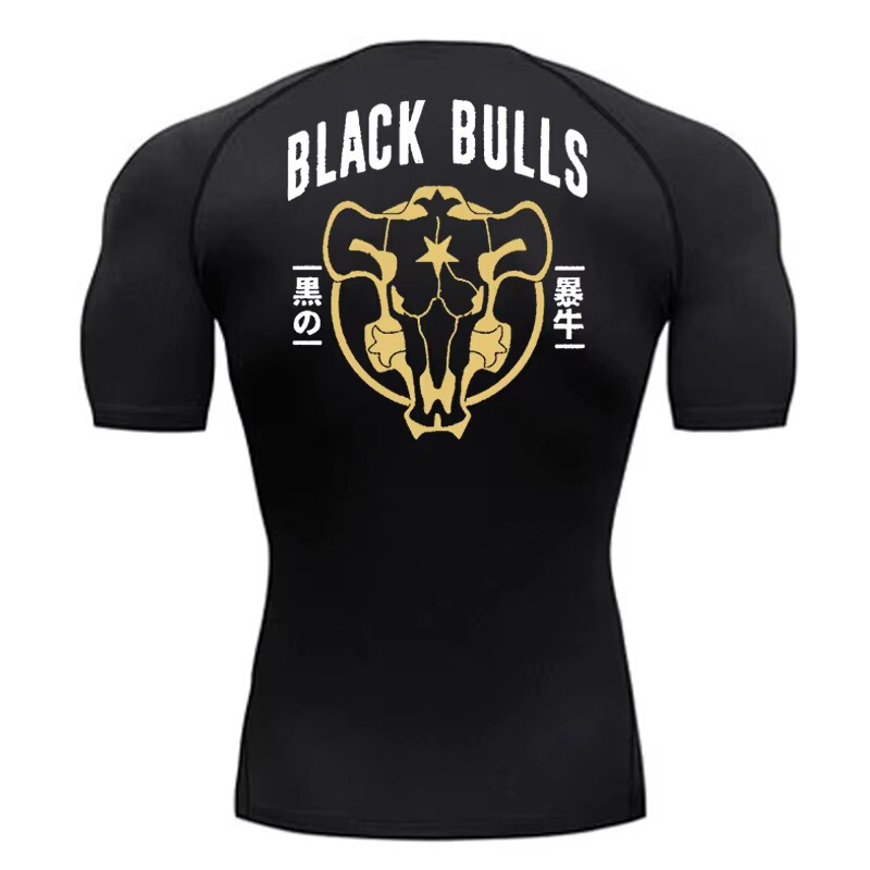 Men's black bull-print compression shirt, quick-drying athletic base layer for gym workouts and running Men's black bull-print compression shirt, quick-drying athletic base layer for gym workouts and running