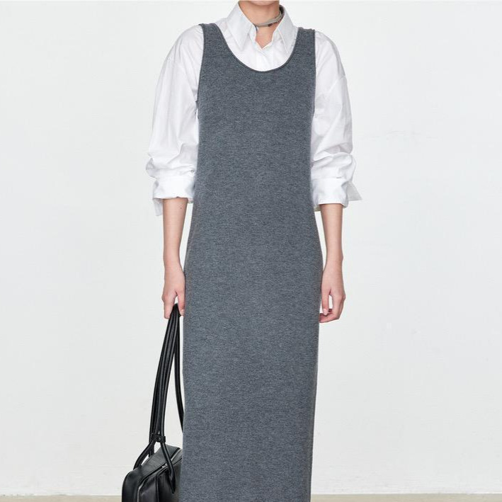 TH*ROW风澳洲进口美利奴全羊毛卷边领连衣裙慵懒叠穿两件套针织衫