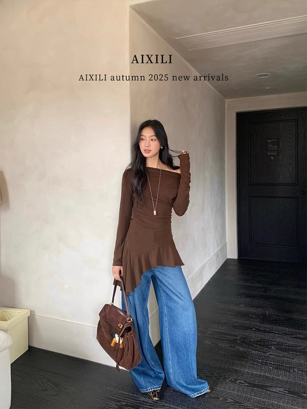 韩版气质不规则下摆长袖T恤女秋季新款高级感中长款斜肩收腰上衣|undefined