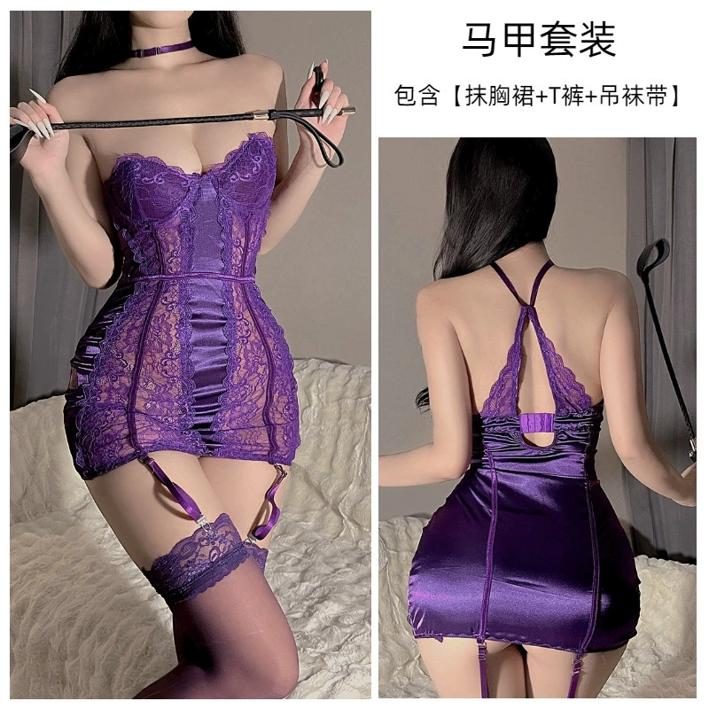 Комплект бюстье с кружевной поддержкой, бюстгальтер-лиф Purple Lace с подвязками и чулками, one size