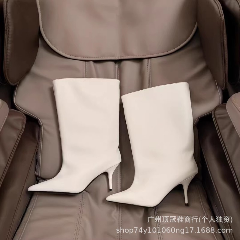 高版2025年秋冬新款牛皮简约范短筒时装高跟靴子时髦尖头套筒短靴|undefined