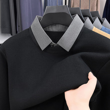 男士冬季新款加绒加厚假两件衬衫翻领毛衣纯色保暖打底针织衫上衣