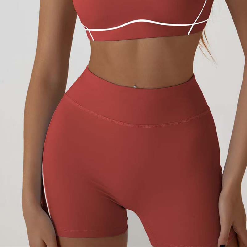 Conjunto de yoga de alta elasticidad con efecto de piel desnuda, con sujetador deportivo con bloques de colores, camisola, pantalones cortos de fitness que levantan la cadera y conjunto deportivo para exteriores para mujer.