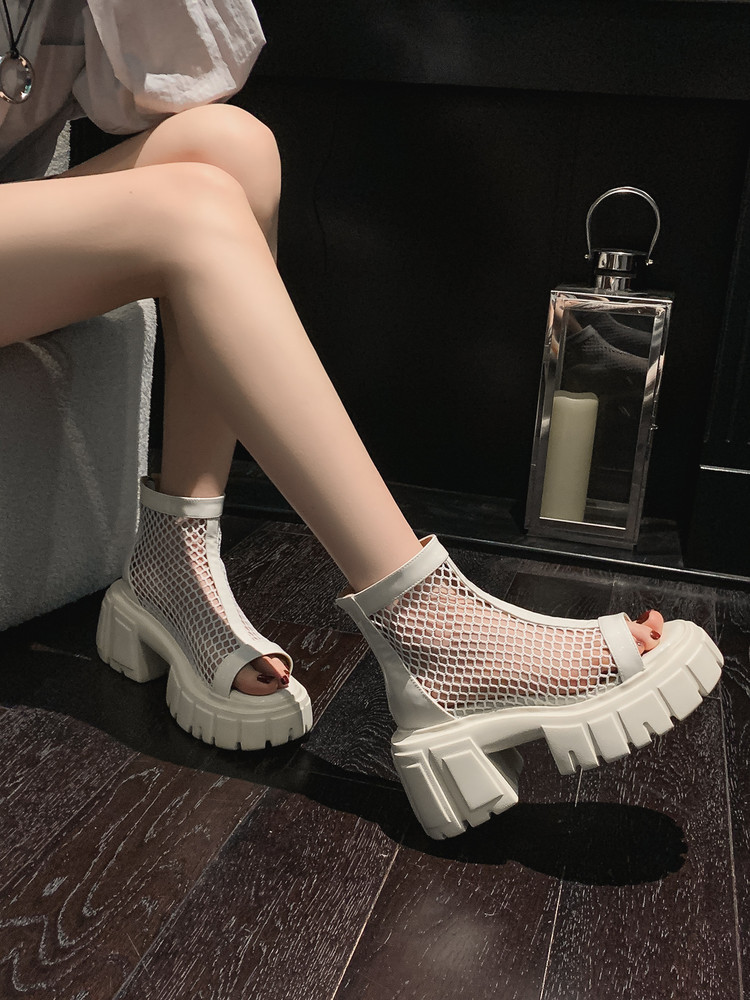 Giày boot lưới da thật mùa hè 2026 cổ thấp, gót thô 9 cm, đế tăng chiều cao, thoáng khí, hở mũi — đen, trắng chi tiết 16