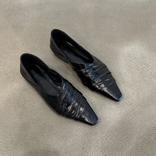 羊皮版~新款设计感褶皱真皮小方头单鞋一脚蹬通勤外穿平底小皮鞋