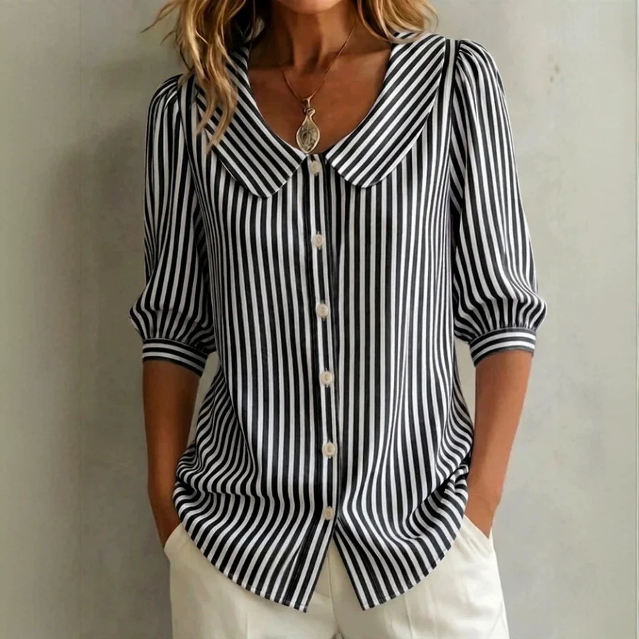 Women's Classic Stripe Summer Shirt Breathable Casual Long Sleeve Top Versatile Office And Weekend Wear_ecoleips.com