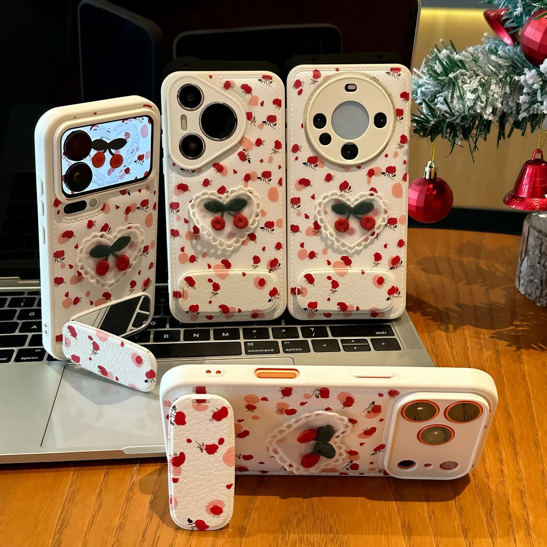 Leather Phone Case For Iphone 16 Pro With Embroidered Cherry Art_voghion.com