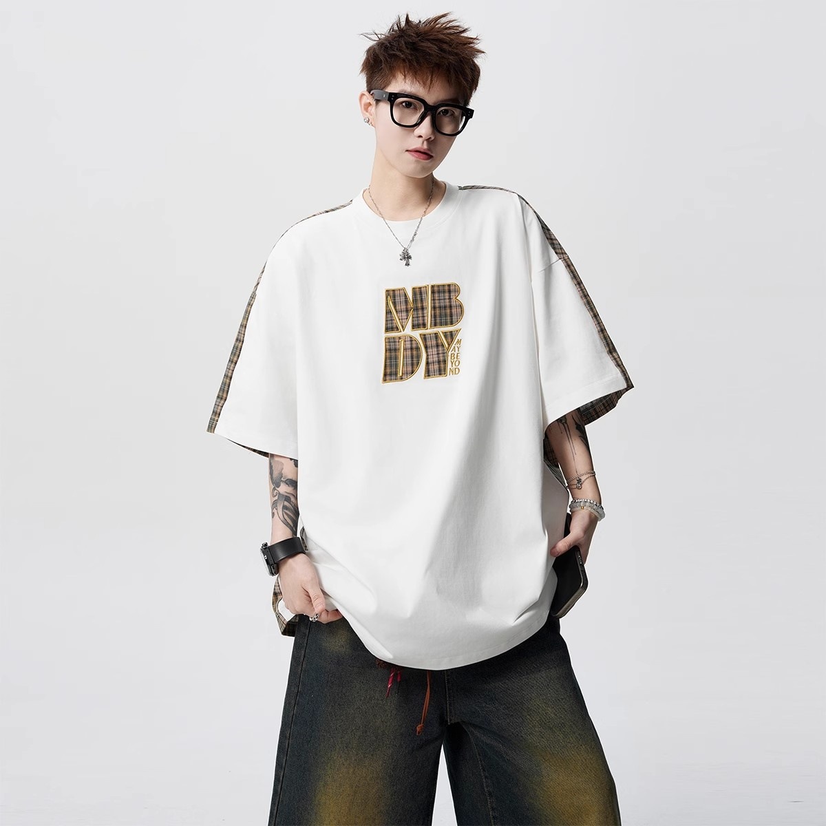 아메리칸 레트로 체크 무늬 자수 반팔 남성 여름 솔로나 아이스 느낌 페이크 투피스 티셔츠 트렌디 브랜드 루즈 라운드 넥 탑