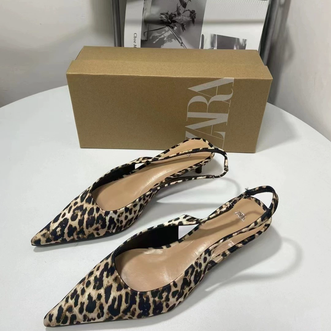 ZA2024 Летние леопардовые Slingback туфли на шпильке — заостренный носок, невысокий каблук, женская обувь