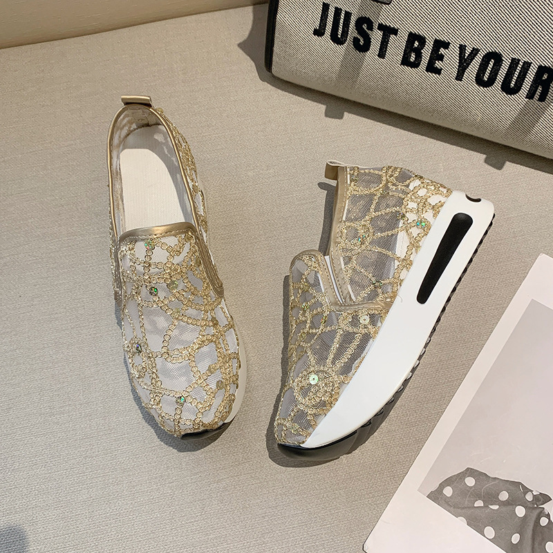 Άνοιξη και φθινόπωρο Pro Style Καλοκαιρινό Διχτυωτό Μονά Παπούτσια με σφήνα τακούνι με χοντρή σόλα σε χαμηλό τοπ, casual fashion εξωτερικά ενδύματα_voghion.com