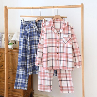 Japanese Style Plaid Cotton Pajamas Women's Spring Autumn and Winter Cotton Scrub Long-Sleeved Couples Home Clothes Men's suit