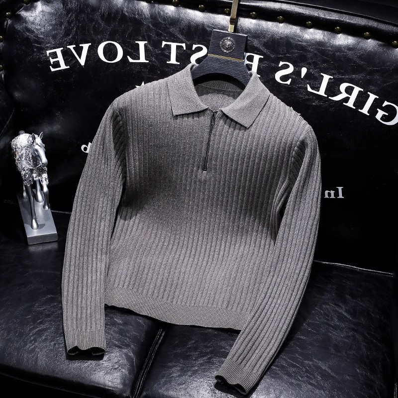 Hochwertiger Reverspullover mit Reißverschluss für Herren im Herbst und Winter im koreanischen Stil, trendiger gestreifter dicker warmer Pullover mit Polokragen für Herren_voghion.com