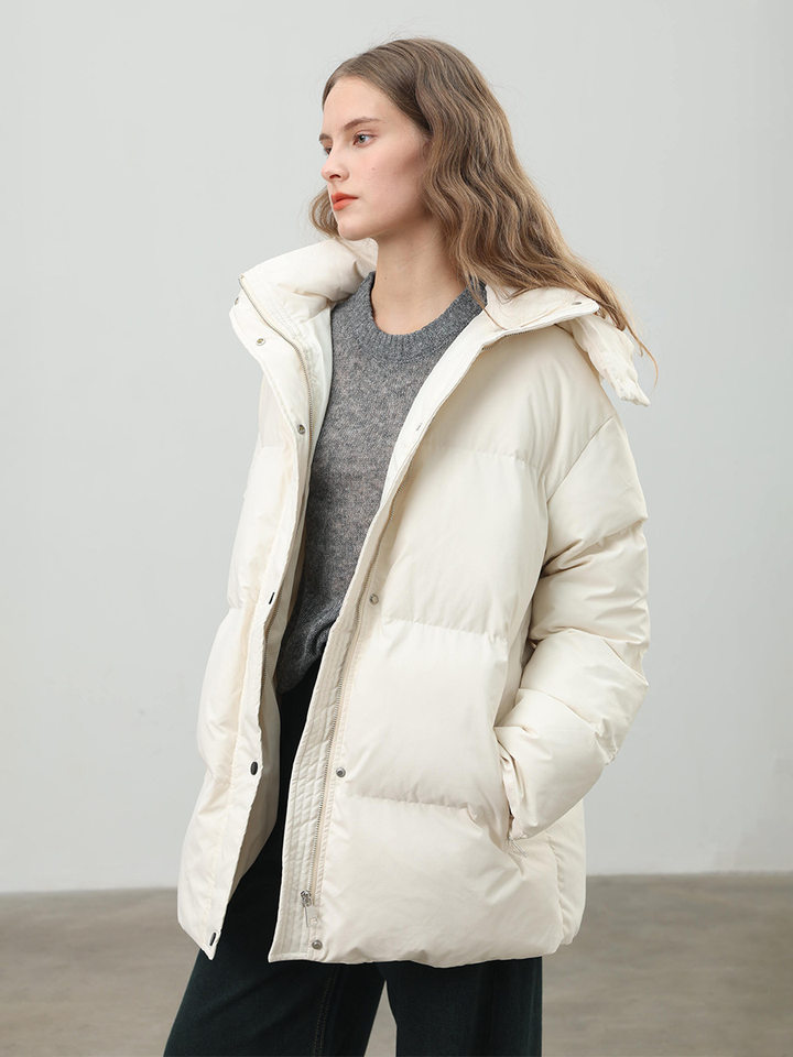 Áo khoác bông nữ có mũ, khóa kéo, thắt eo dáng ôm, dài trung bình, chất liệu polyester dày — màu nâu, màu đen, quả mơ chi tiết 58