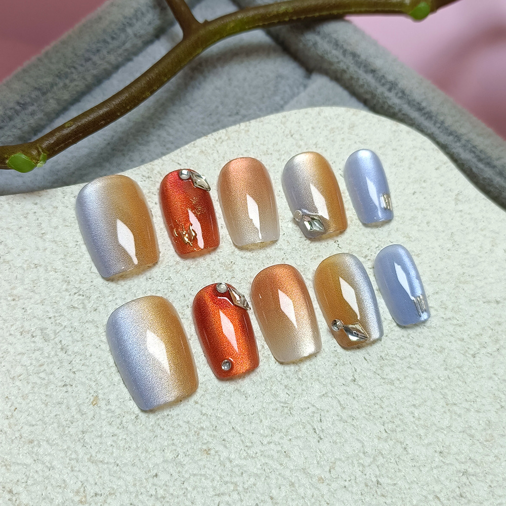 Sweet curto ojo de gato manicure azul gradiente hecho a mano 10 piezas parches de uñas de código de corte de diamantes para usar uñas