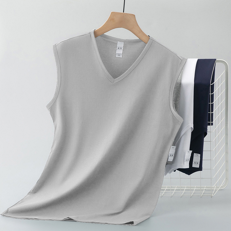 モーダルコットンベストメンズ夏フィットネススポーツベストアイスシルククール速乾抗菌防ダニVネックノースリーブTシャツ