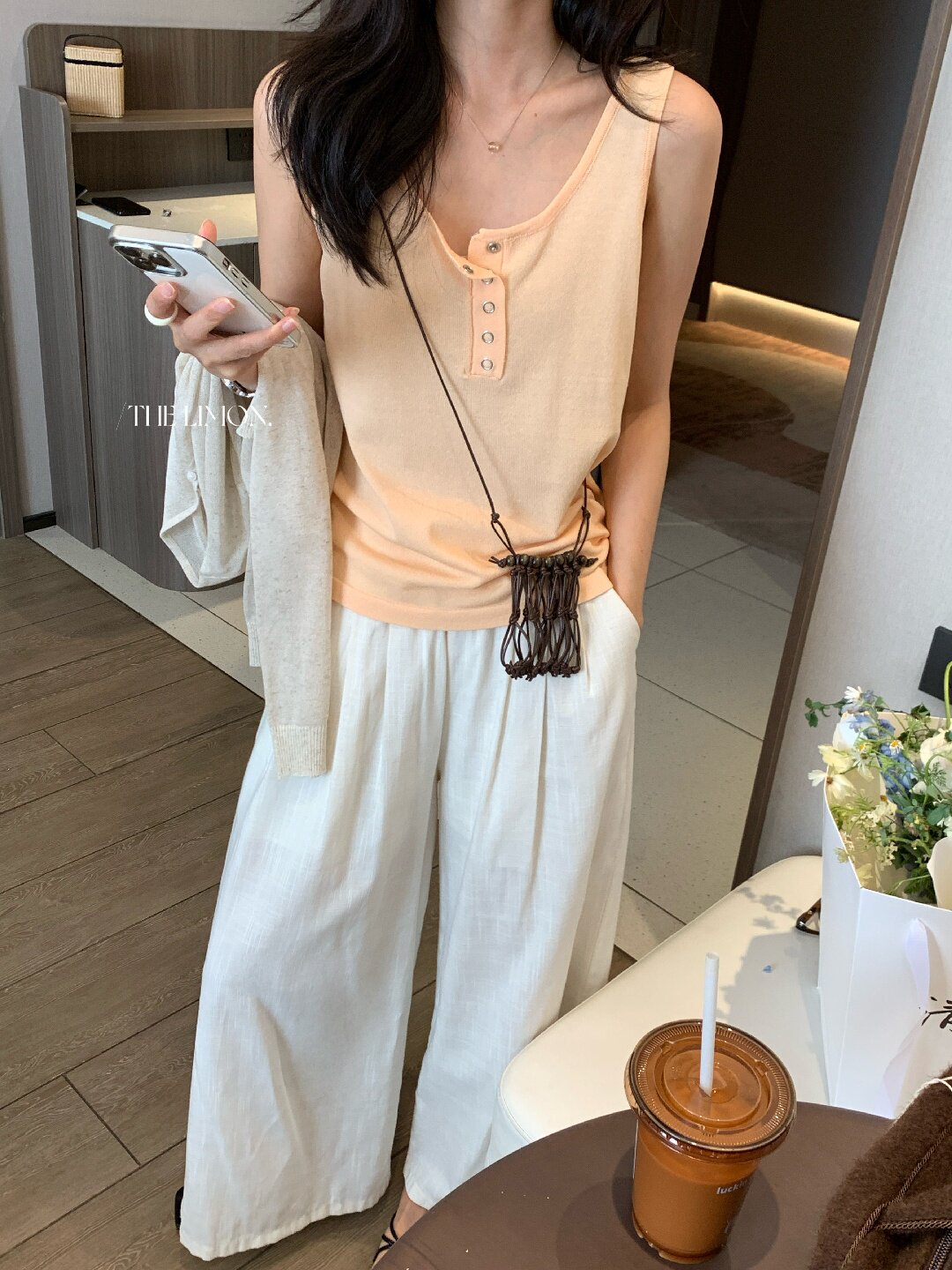 Quần ống rộng nữ vải linen phối cotton dáng suông mùa hè — Xám gạo, Xanh xám nhạt, Xanh đen, Cam bí ngô chi tiết 24