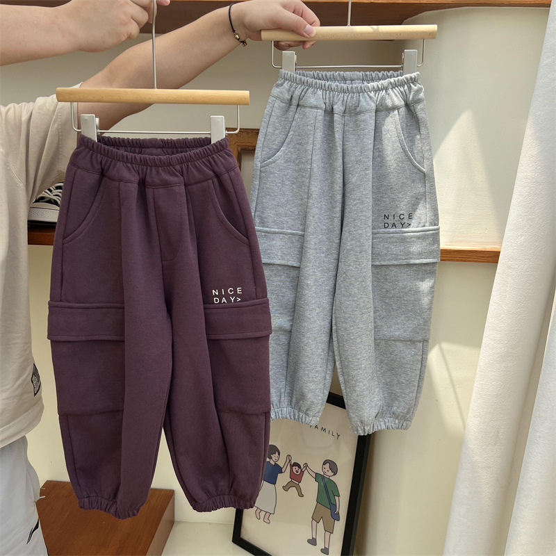 Pantaloni da lavoro e da sport per bambini autunnali 2024 per ragazzi e ragazze, tinta unita, con grandi tasche e lettere_voghion.com