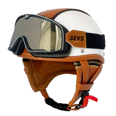 Scoop Helmet Adult Handmade Leather Helmet — Motosiklet kaskı (dəbilqə) - bright-white-orange-peel-large-frame-goggles-s
