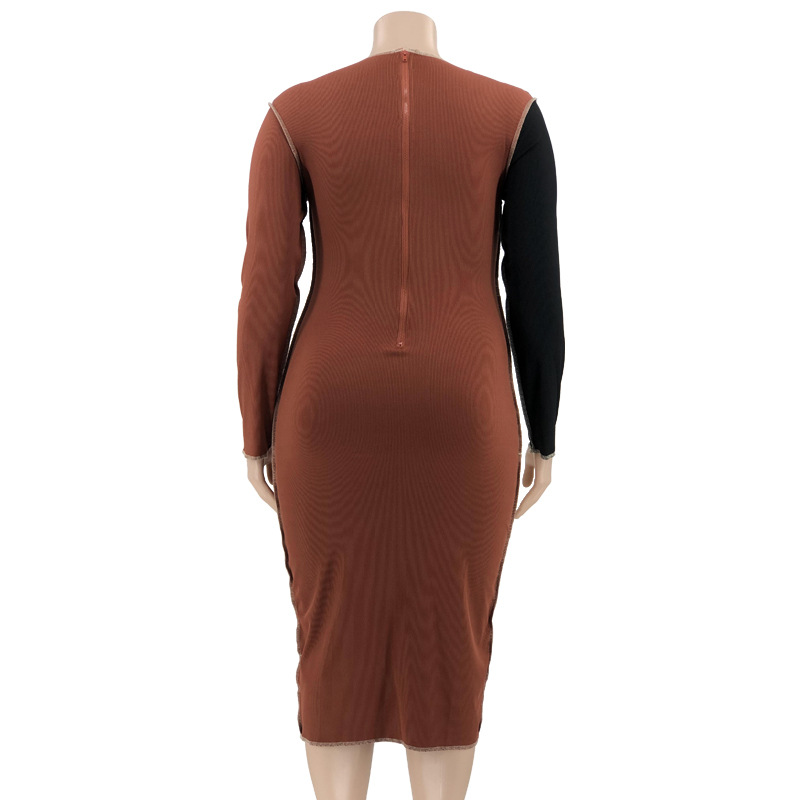 Regular Dress Elegant Round Neck Patchwork Rib-Knit Long Sleeve Color Block Midi Dress Daily display picture 46