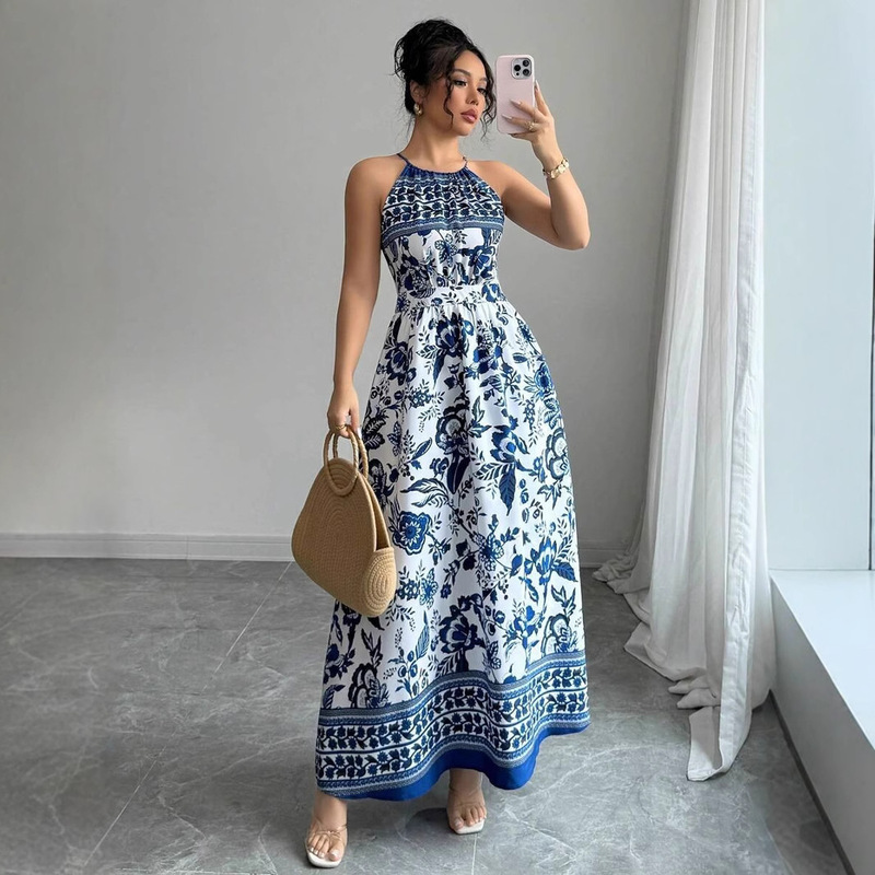 2025 New Cross-Border European and American Export Ladies Elegant Beach Vacation Curled Waist Wrap Design Dress