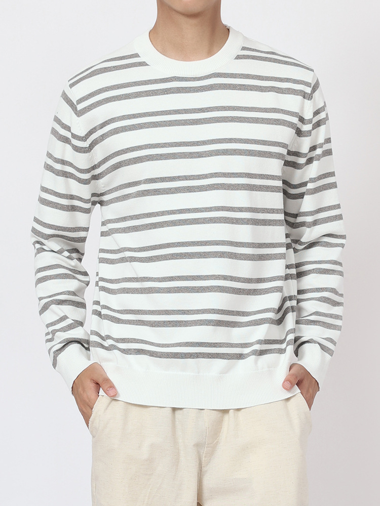 Otoño y invierno viejos suéter de alta gama de estilo de hombre casual versátil de manga larga camiseta a rayas de color contrastante camiseta de punto para hombre