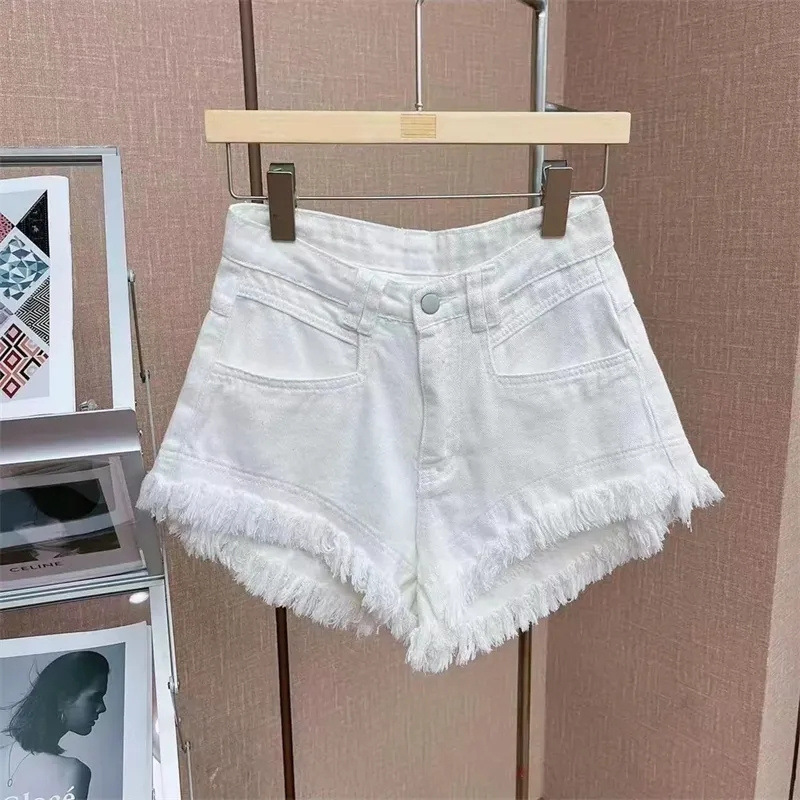 Quần short denim lưng cao màu hồng cho nữ mùa hè 2024 mới dạo phố cao cấp hợp thời trang dáng rộng thô viền chữ A giảm béo quần nóng