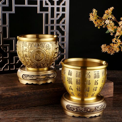 Pure brass extra large incense burner base circular relief landscape base decoration rice vat treasure basin bottom holder coffee table ornaments