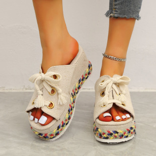 2022 Summer New Wedge Color-matching Woven Slippers Women's Amazon Foreign Trade Large Size Straw Lace-up High Heel Sandals