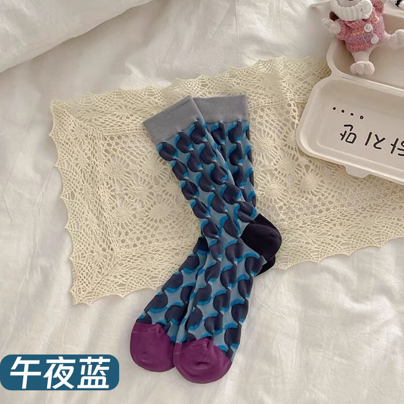 日系复古撞色浮雕花纹中筒袜子女春夏植物花卉堆堆袜ins潮流棉袜|undefined