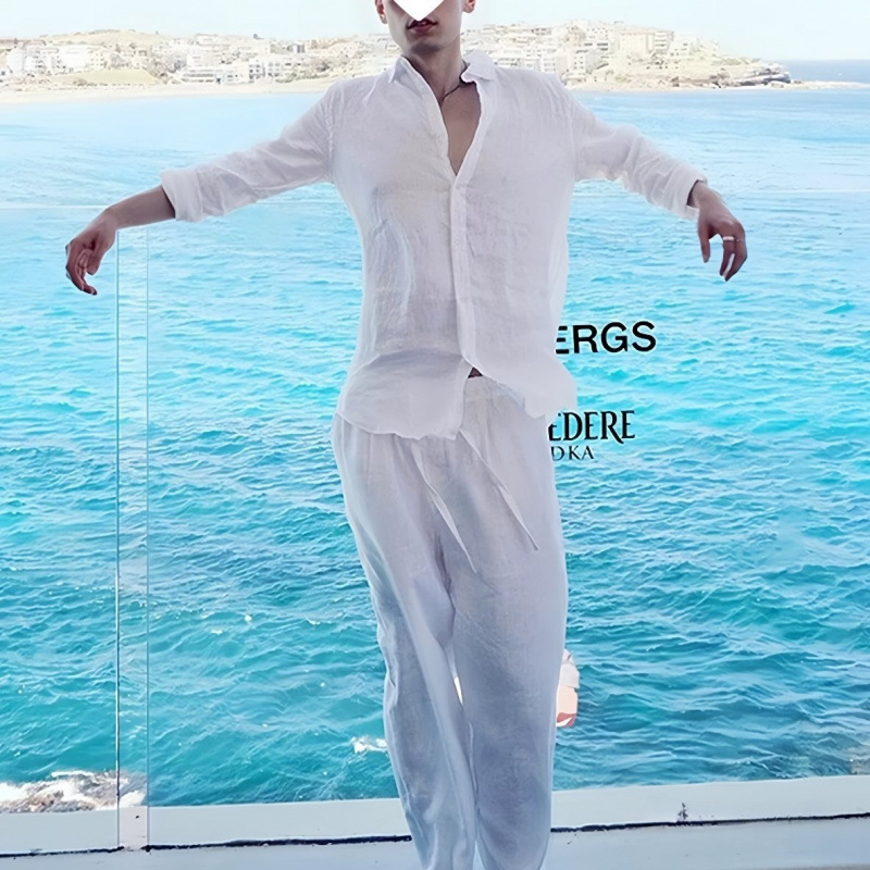 Old Money Style White Linen Shirt for Men, Summer Thin Ice Silk Quick-Dry Casual Wide-Leg Pants, A Complete Set for a Stylish Look Old Money Style White Linen Shirt for Men, Summer Thin Ice Silk Quick-Dry Casual Wide-Leg Pants, A Complete Set for a Stylish Look