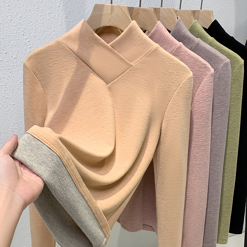 La mitad de las mujeres de terciopelo de cuello alto camisa de fondo 2023 nuevo estilo occidental de las mujeres cuello superpuesto cepillado camiseta caliente interior superior image 2