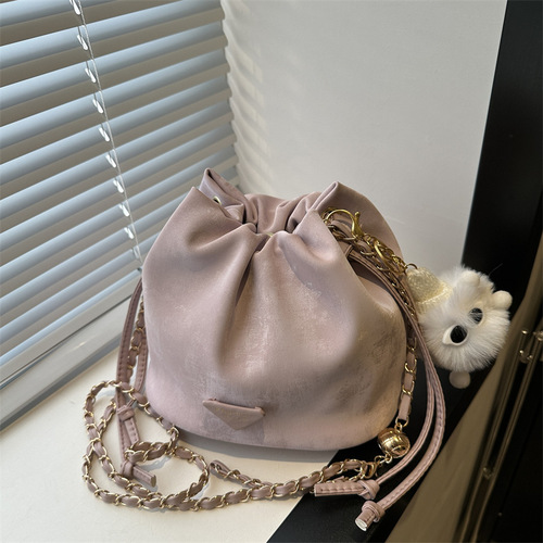 Pure Color Fresh and Trendy Drawstring Small Women's Bag 2024 Spring New Style Versatile Ins Shoulder Crossbody Bucket Bag