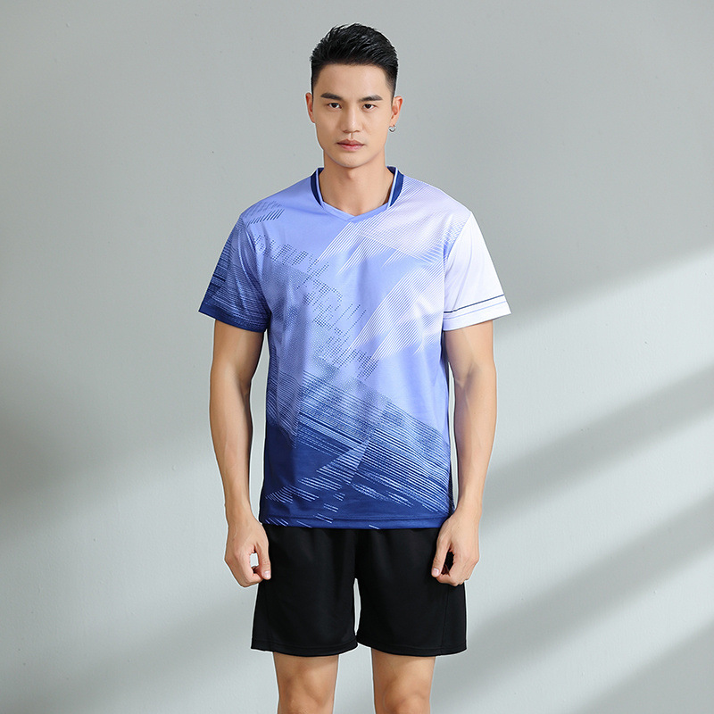 Nuevo conjunto de bádminton hombre y mujer ropa deportiva transpirable manga corta uniforme de entrenamiento de estudiantes impresión número de comercio exterior
