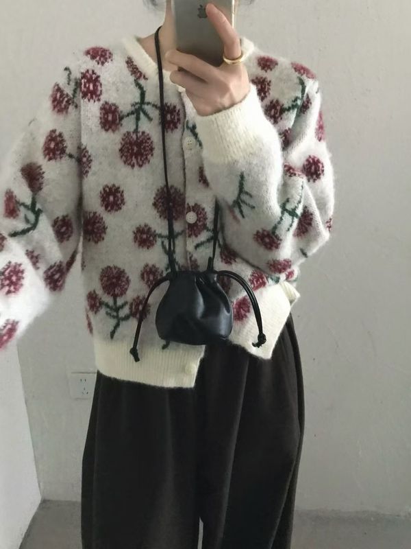 韩版小个子植绒提花针织毛衣女2025秋冬新款复古撞色花朵针织开衫|undefined