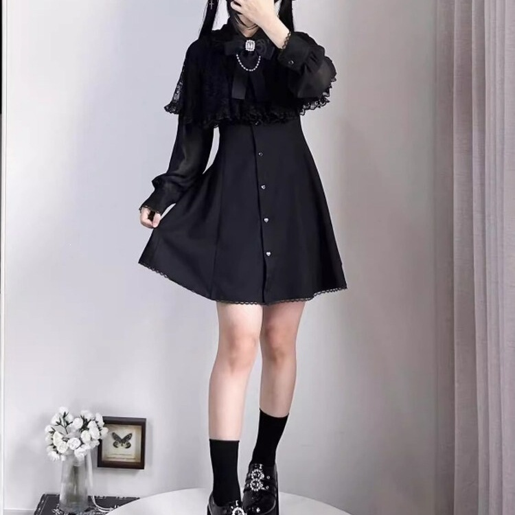 Japanese-style sweet and pure girly dress with a clear and delicate look, featuring a shawl, lace, bow, and chiffon long sleeves in aqua black