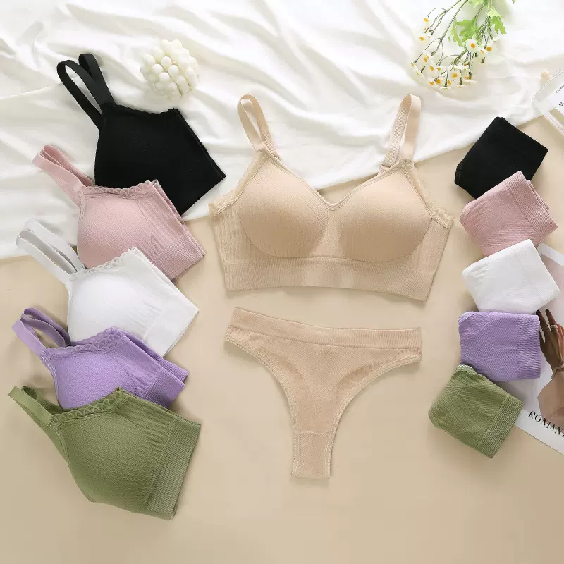 外贸纯色简约性感丁字裤文胸套装聚拢防下垂无钢圈舒适内衣女批发