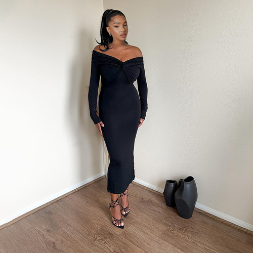 A658DS European and American Autumn Solid-Color V-Neck Sexy Slim-Fit Long-Sleeve High-Waist Bodycon Dress