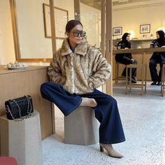 跨境欧美外贸女装2025秋新款街头时尚人造皮草效果长袖夹克外套女