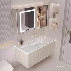 赤いクリームの風の陶磁器の一体の丸い角の浴室のキャビネットの軽い贅沢なトイレのキャビネットの洗面器の組み合わせのキャビネット