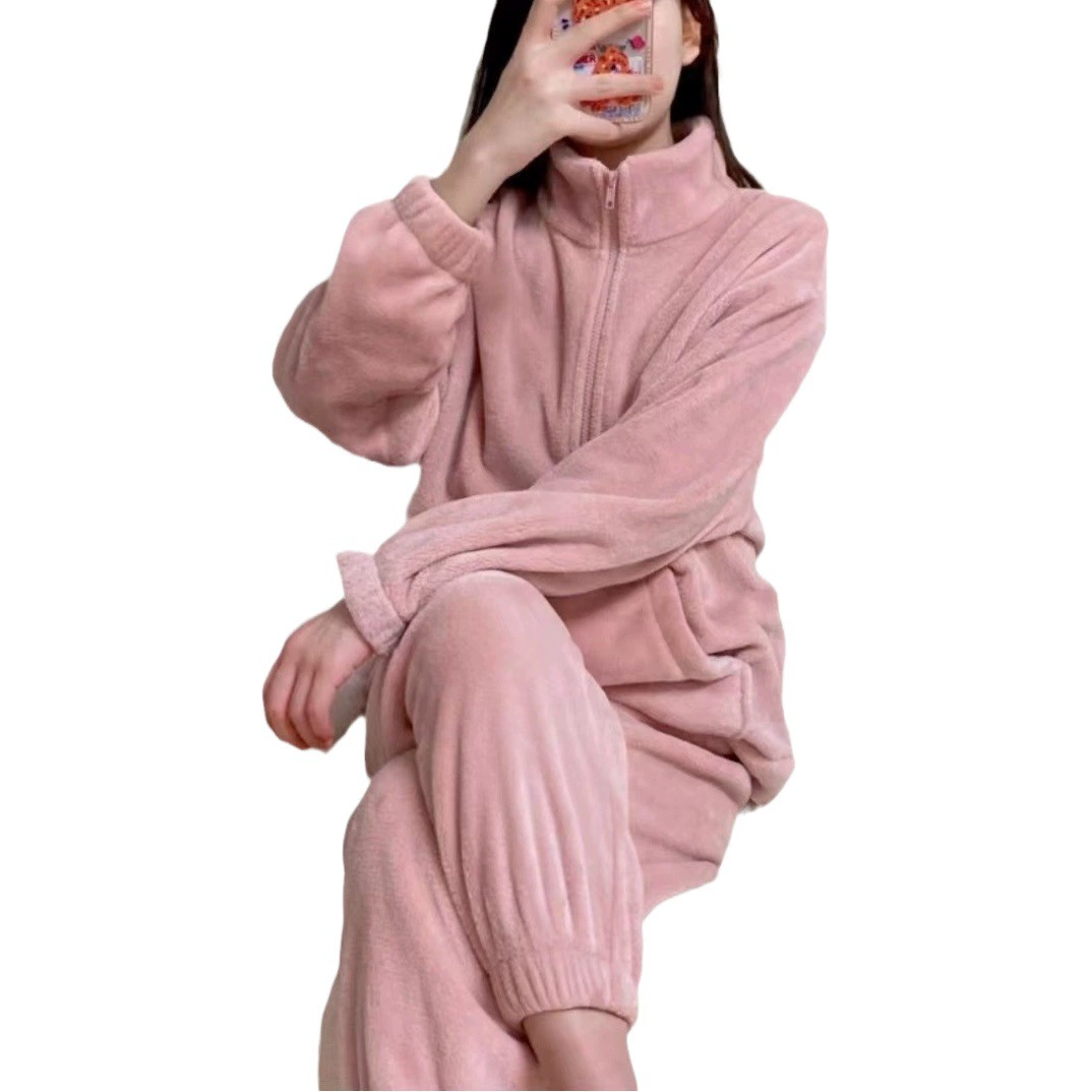 Коралловые пижамы из вельвета для женщин на осень и зиму, кардиган на молнии, комплект домашней одежды из фланели, стиль для пар, утолщенные и теплые.